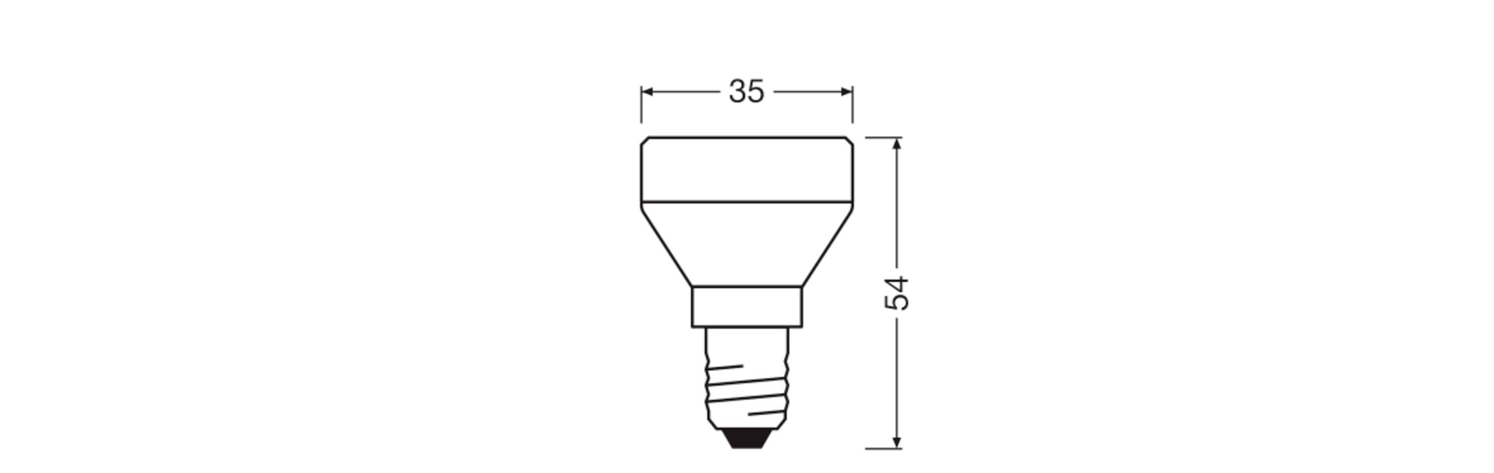 Illustration d'une ampoule avec des dimensions de 35 mm de largeur et 54 mm de hauteur, avec un culot à vis en bas.