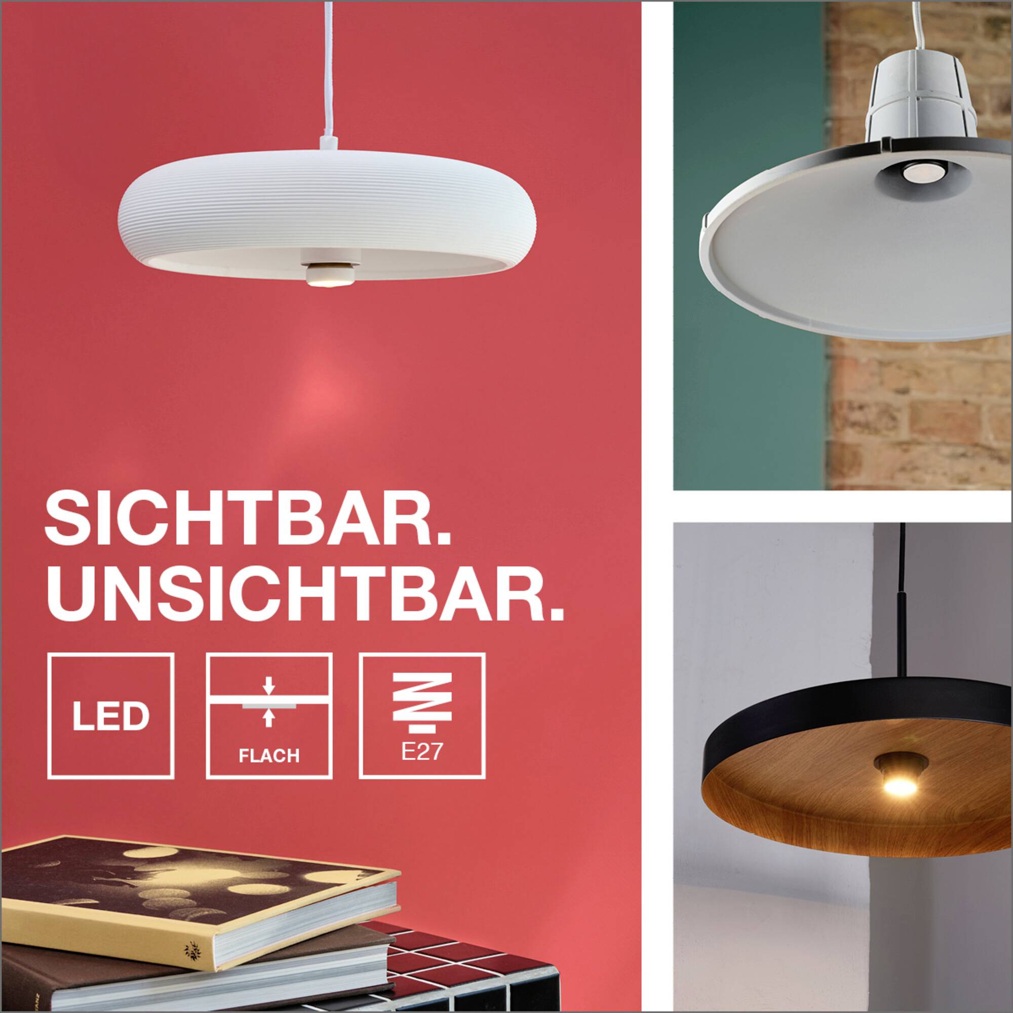 Publicité pour des suspensions LED modernes : forme plate, douille E27. Texte : Visible. Invisible. Luminaires dans différents styles.