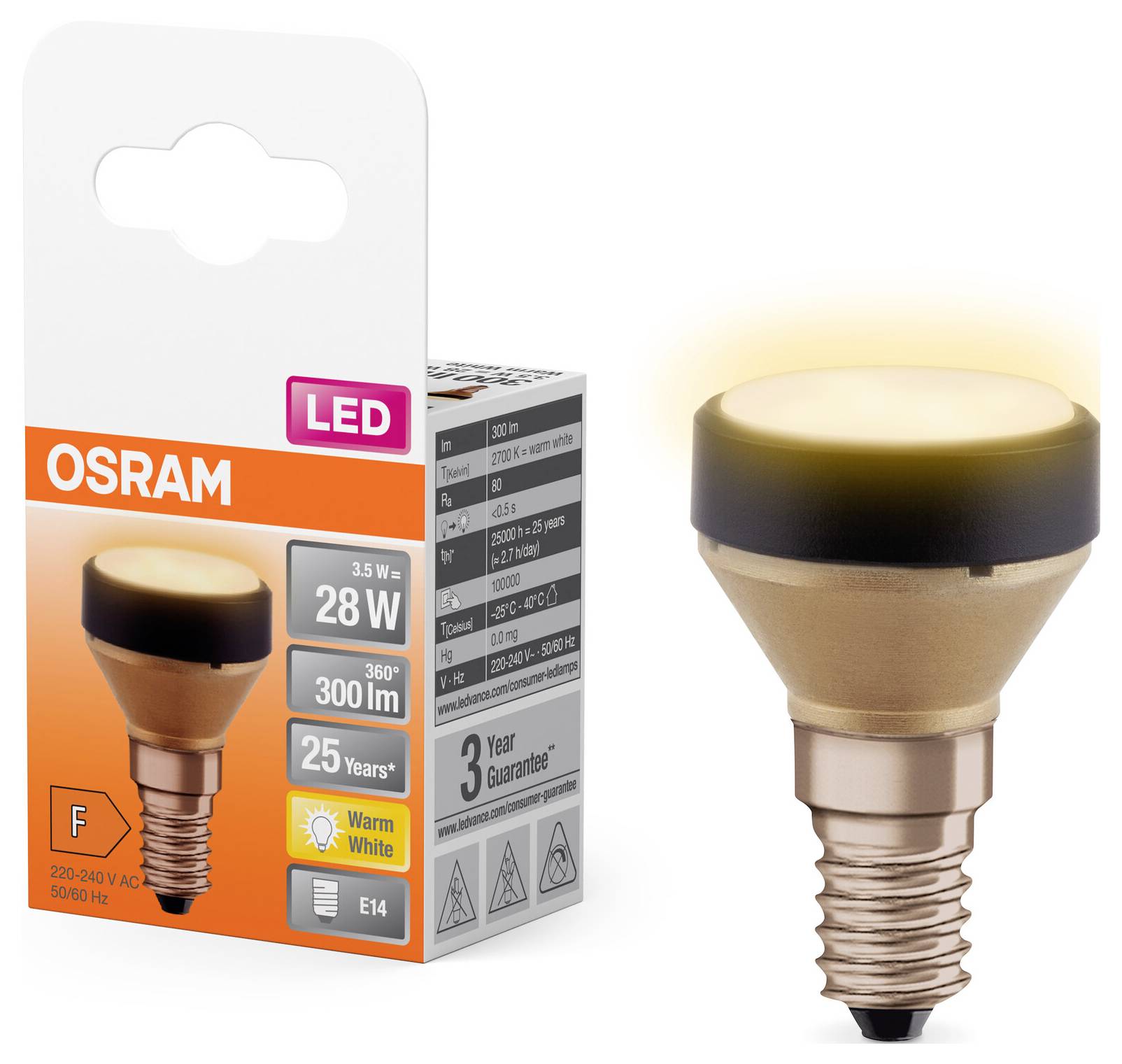 Lampe LED économe en énergie d'Osram, 3,5 W, 300 lm, lumière blanc chaud, culot E14. L'emballage présente les spécifications et la garantie.