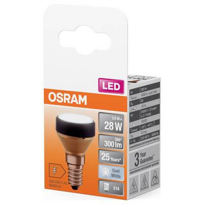 Emballage d'une ampoule LED Osram. Indique les spécifications : 3,5 W, équivalent 28 W, 300 lm, 25 ans, lumière froide, culot E14.
