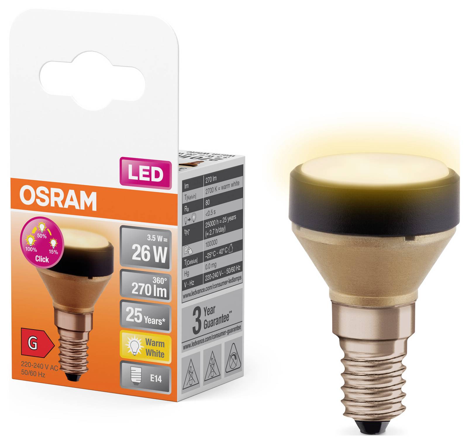 Lampe LED Osram avec douille E14 et 26W. L'emballage indique 'Blanc Chaud', 2701 lm, angle de diffusion de 360°, garantie de 3 ans.