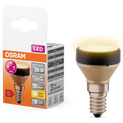 Lampe LED Osram avec douille E14 et 26W. L'emballage indique 'Blanc Chaud', 2701 lm, angle de diffusion de 360°, garantie de 3 ans.