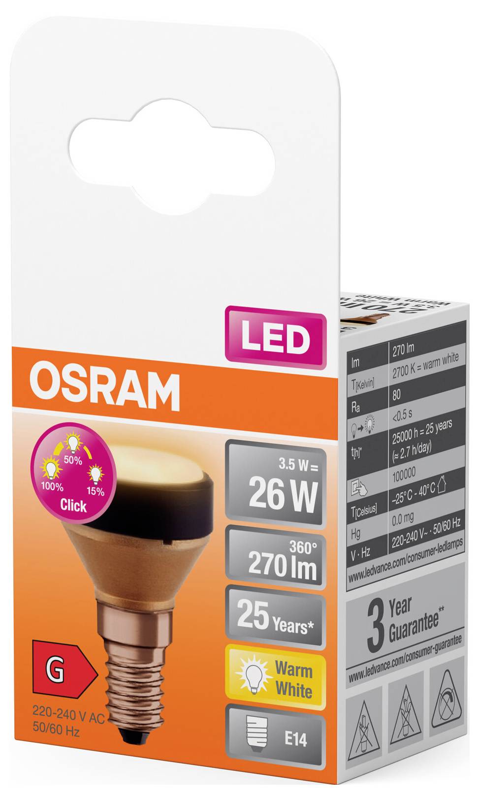 Emballage de la 'Lampe LED OSRAM' indiquant 26 watts, 270 lumens, lumière blanc chaud, durée de vie de 25 ans et douille E14. Classe énergétique G.