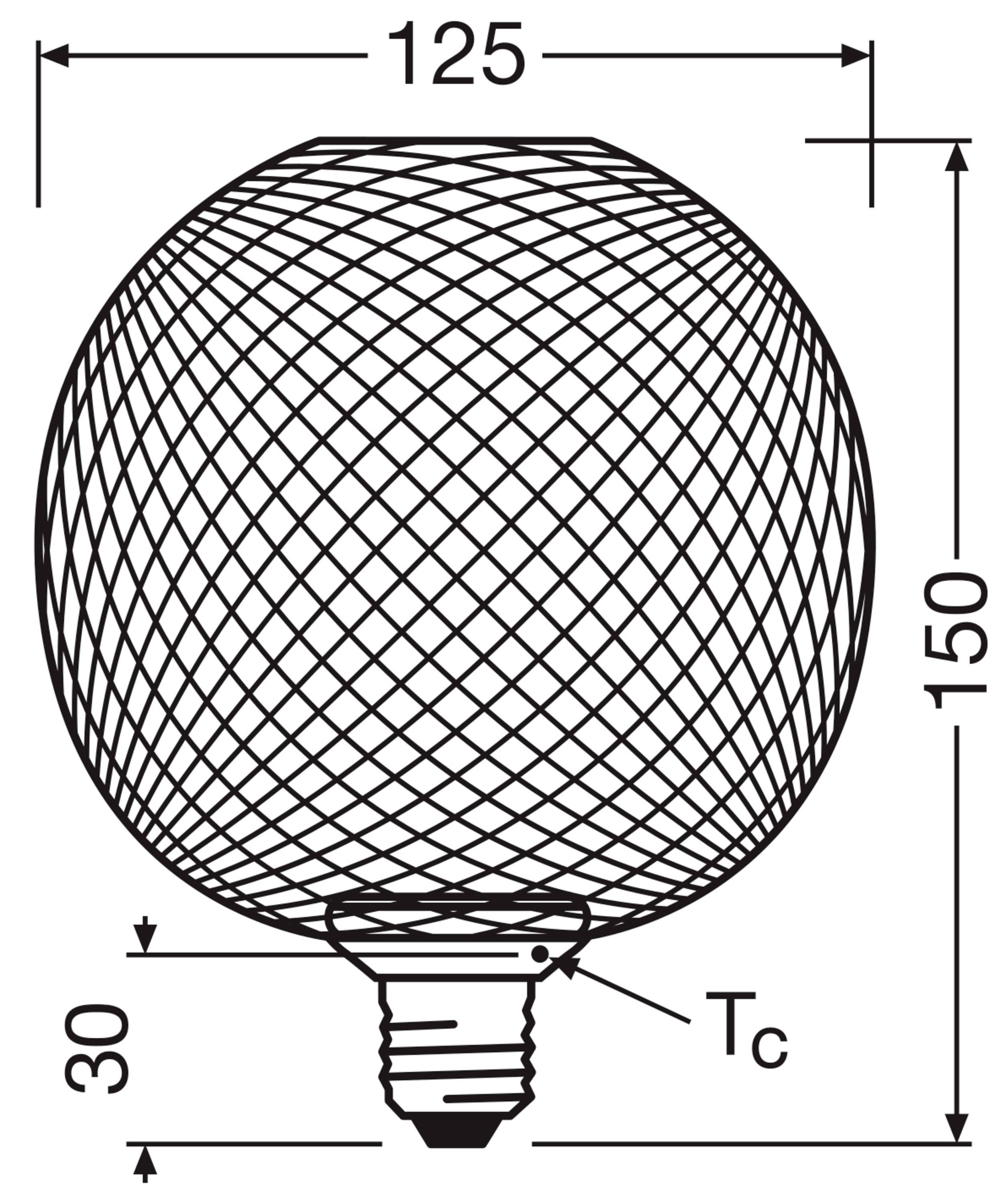 L'image montre une ampoule sphérique d'un diamètre de 125 mm et d'une hauteur de 150 mm. La base a une longueur de 30 mm.