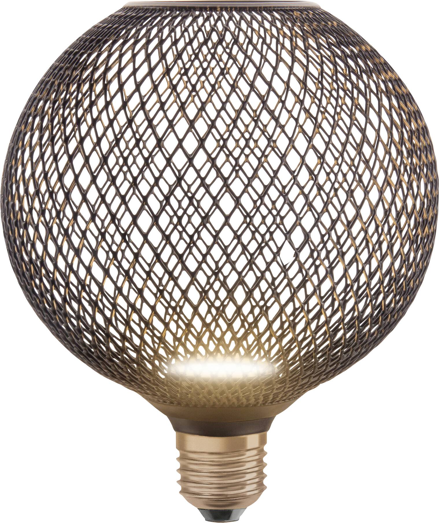 Une ampoule élégante avec un grillage métallique décoratif ajouré, laissant filtrer une lumière chaleureuse. Idéale pour un aménagement intérieur moderne.