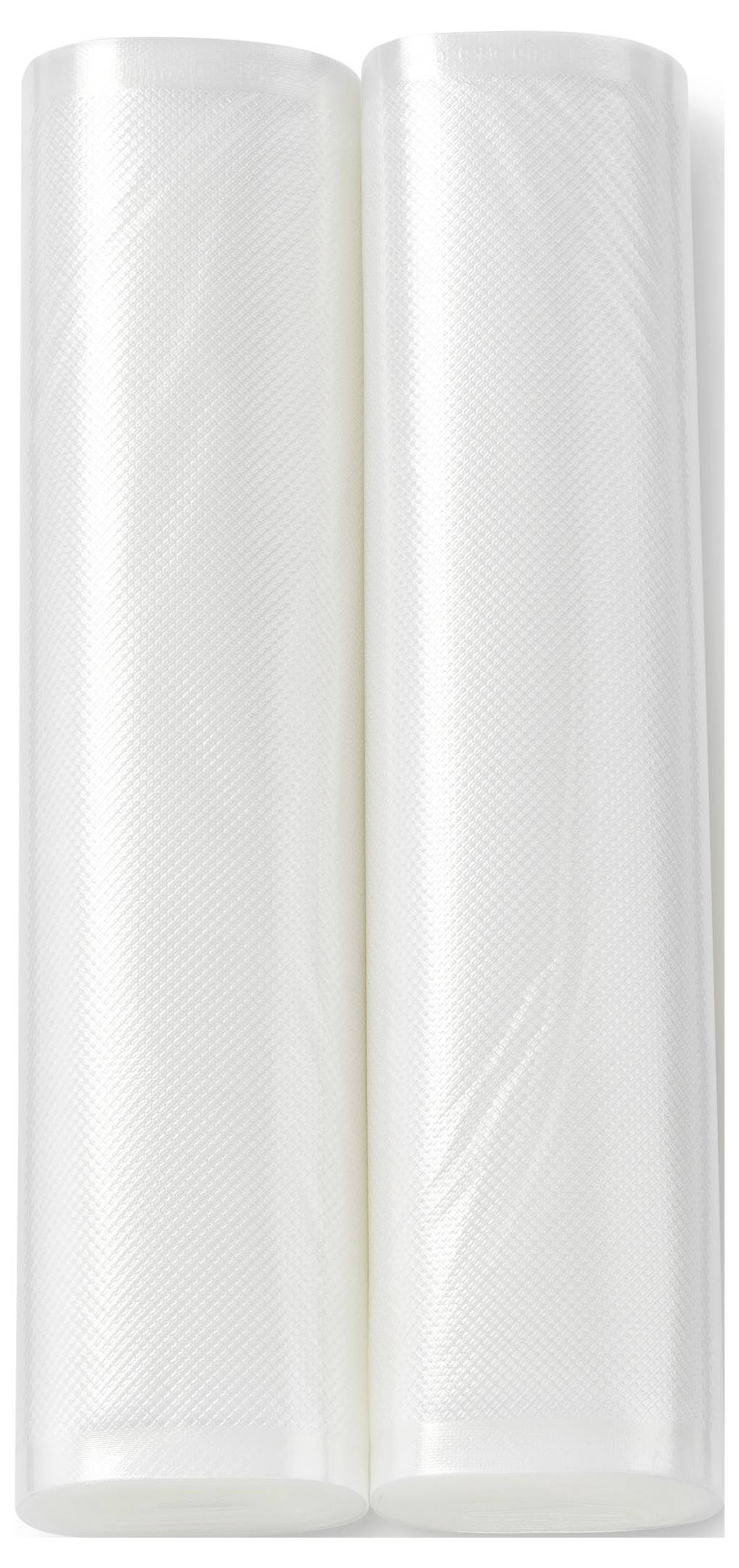 Deux rouleaux de film sous vide transparents, positionnés verticalement côte à côte. Ils sont adaptés pour l'emballage hermétique des aliments.