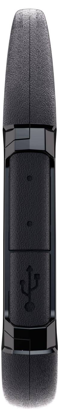 Une clé USB noire aux bords arrondis, avec un symbole USB au centre et une surface texturée.