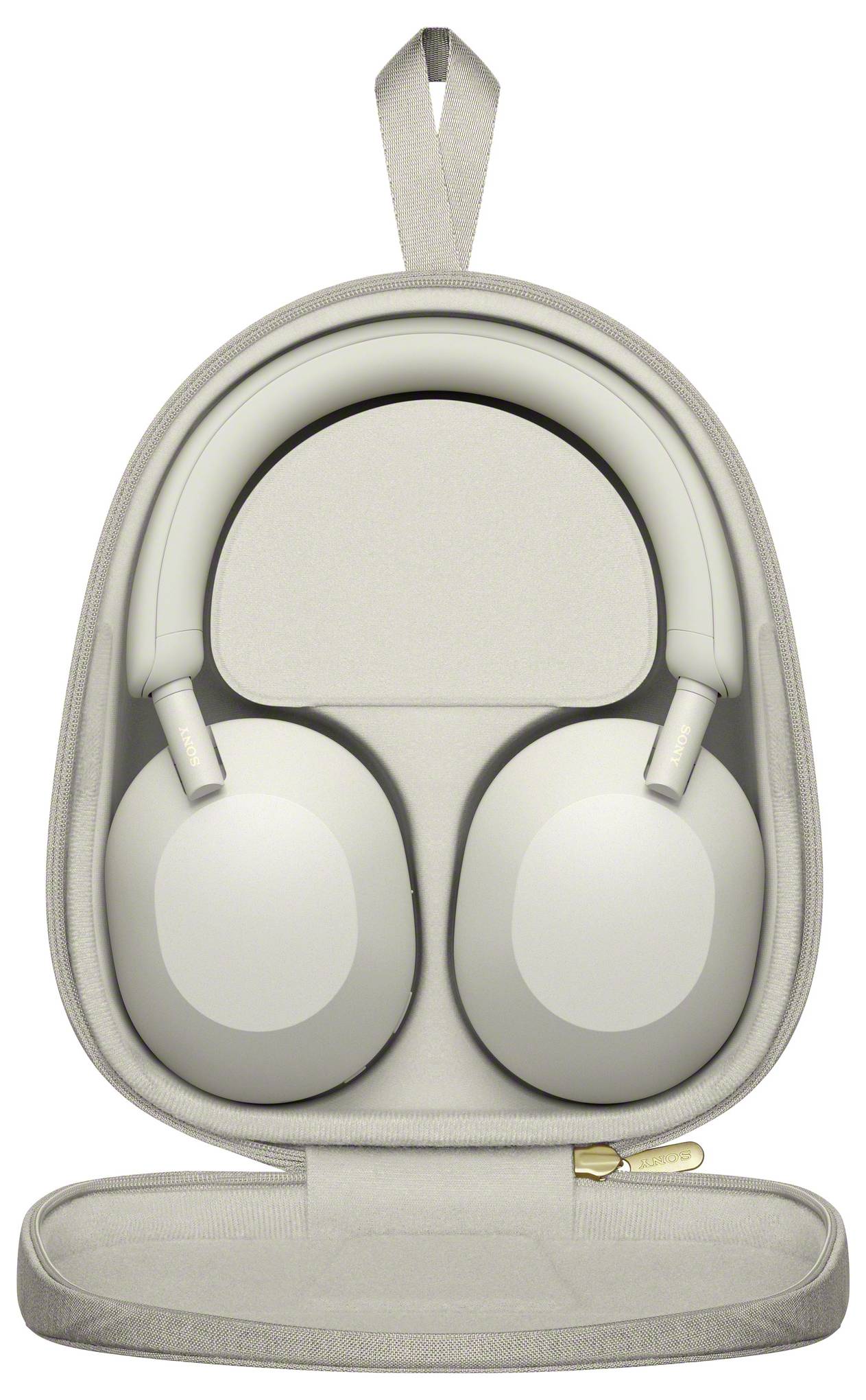 Casque audio gris dans un étui ouvert assorti avec fermeture à glissière. L'étui dispose d'une bride en tissu en haut pour le transport.