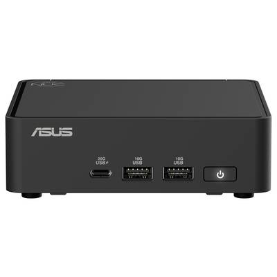 Un mini-PC compact noir d'ASUS avec des ports USB sur le devant, un interrupteur réseau et le logo ASUS en haut à gauche.