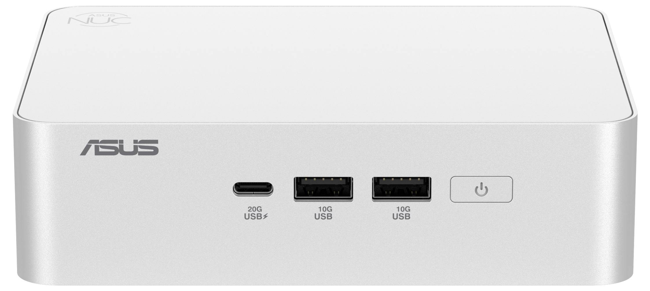 Un mini-PC blanc ASUS (NUC) avec des ports frontaux : un port USB-C et deux ports USB-A. Un bouton d'alimentation à droite des connecteurs.