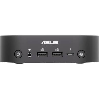 Un mini-ordinateur noir ASUS doté de deux ports USB, d'un port USB-C, d'une prise casque et d'un interrupteur marche/arrêt sur la façade avant.