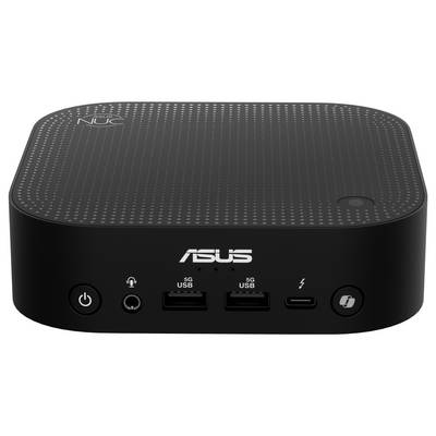 Un mini-PC noir d'ASUS doté de deux ports USB, d'une prise audio et d'un interrupteur marche/arrêt sur la façade avant.