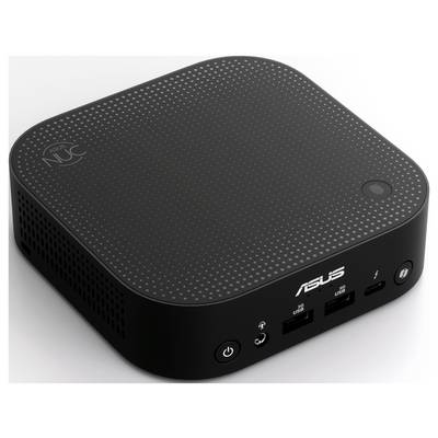 Un mini-PC compact noir avec des ports USB et une prise audio à l'avant. Le logo de la marque 'Asus' est visible.