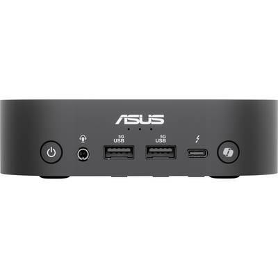 Un mini-PC noir ASUS doté de deux ports USB, d'une prise audio, d'un port USB-C et d'un bouton d'alimentation sur la façade avant.