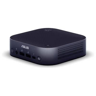 Un petit ordinateur Asus noir avec plusieurs ports de connexion à l'avant, idéal pour les espaces de travail compacts.