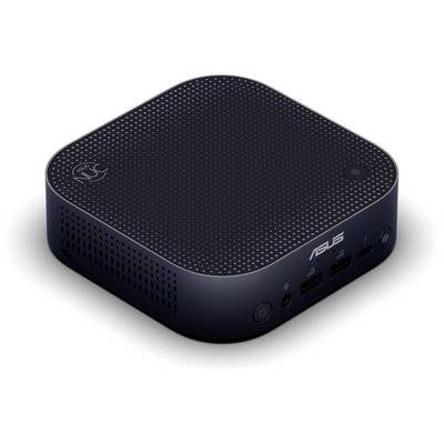 Mini-PC ASUS noir aux coins arrondis, avec des ports à l'avant et des fentes de ventilation sur les côtés.