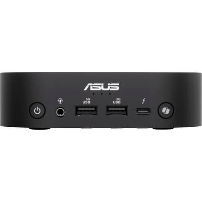 Petit mini-PC ASUS noir avec plusieurs ports : deux ports USB, une prise casque, un port C et un bouton d'alimentation.