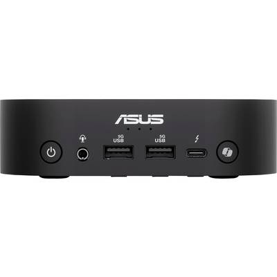 Un mini-PC noir ASUS avec deux ports USB, un port USB-C et une prise casque à l'avant. Un bouton d'alimentation est situé sur la gauche.