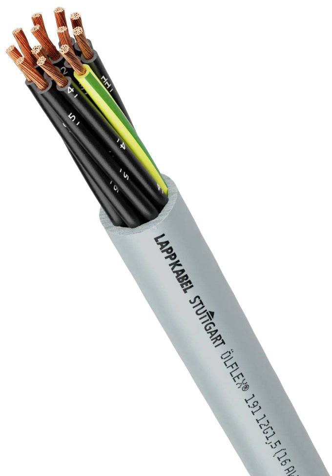 Câble multiconducteur de Lappkabel Stuttgart, type ÖLFLEX, avec fils de cuivre. Texte sur le câble : 'LAPPKABEL STUTTGART ÖLFLEX 191.2C.15 16AWG'.