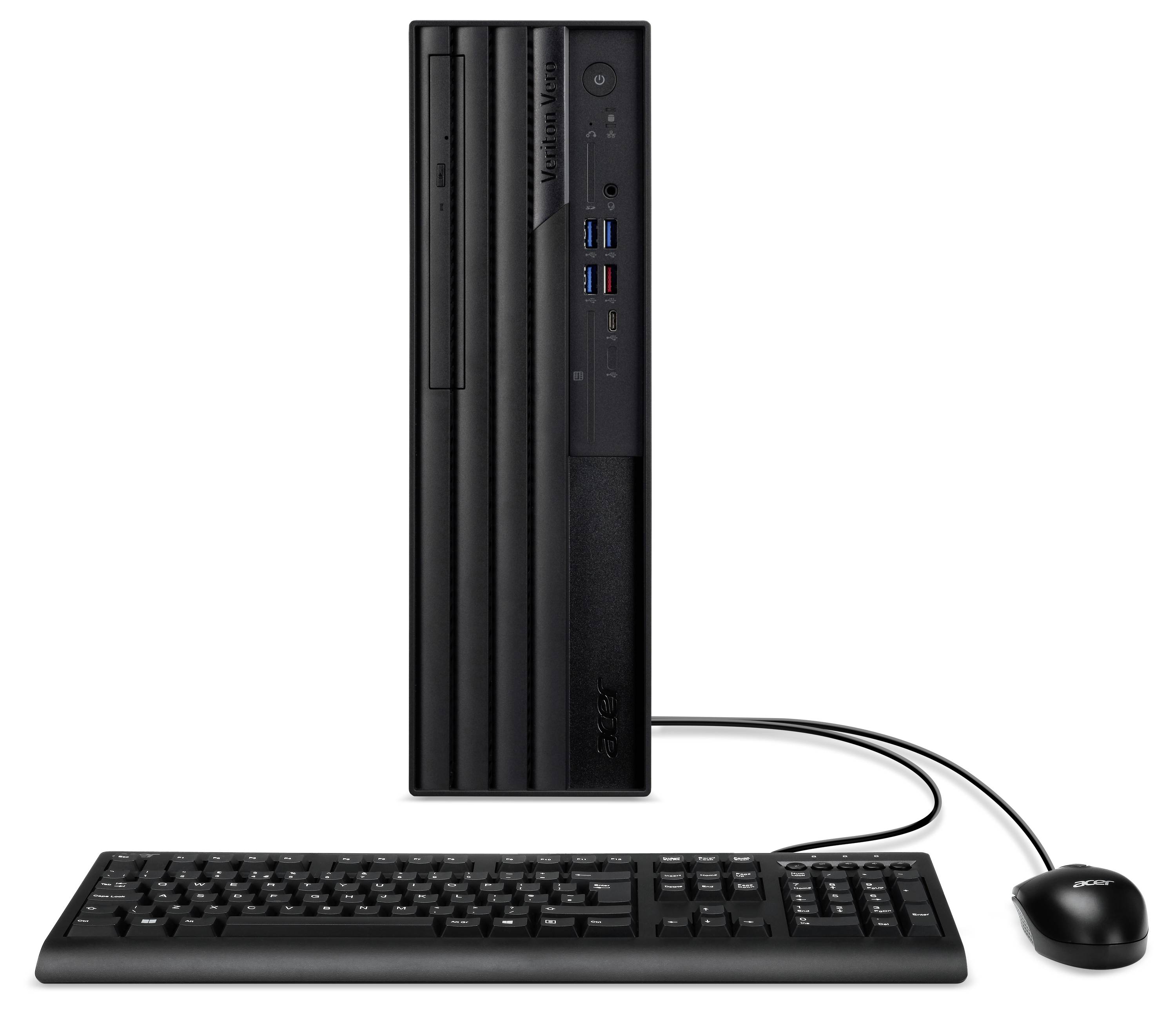 Un ordinateur de bureau noir avec un boîtier vertical, un clavier et une souris connectés.