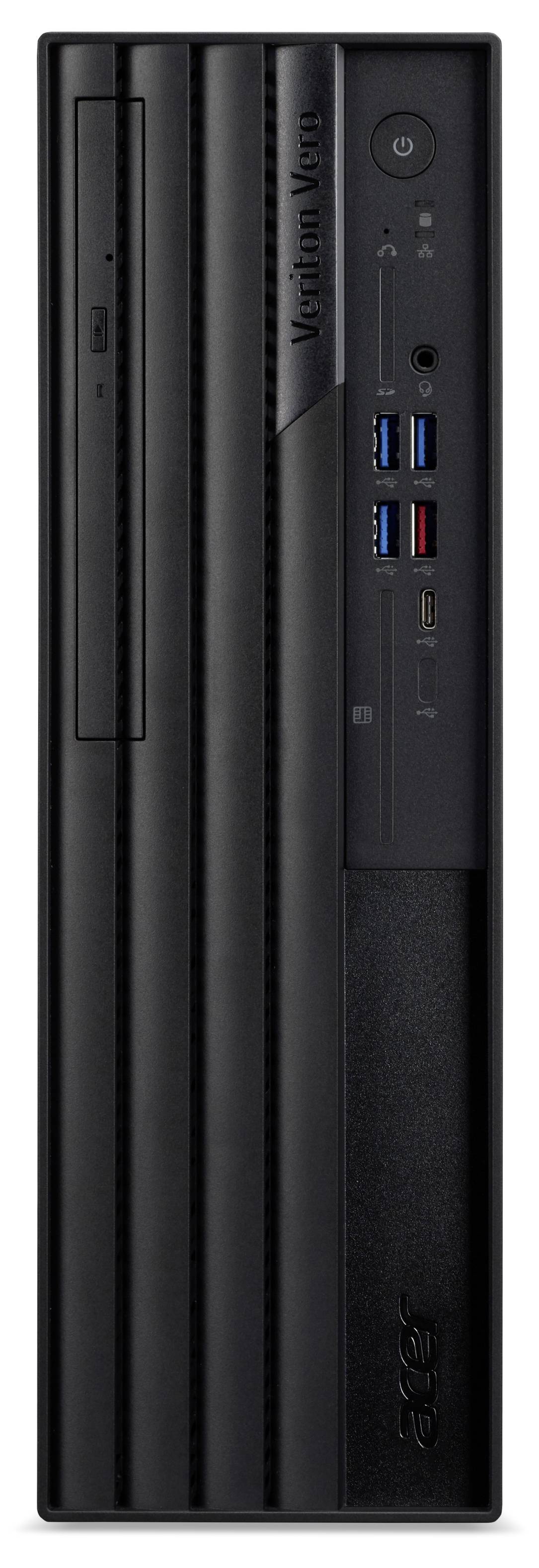 Un ordinateur de bureau noir à orientation verticale, doté de plusieurs ports USB, d'un bouton d'alimentation et d'un lecteur optique.