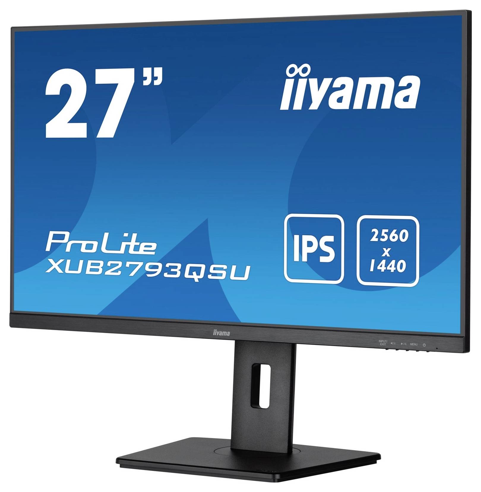Moniteur iiyama ProLite XUB2793QSU, 27 pouces, avec écran IPS, résolution 2560 x 1440. L'écran affiche un fond d'écran bleu.