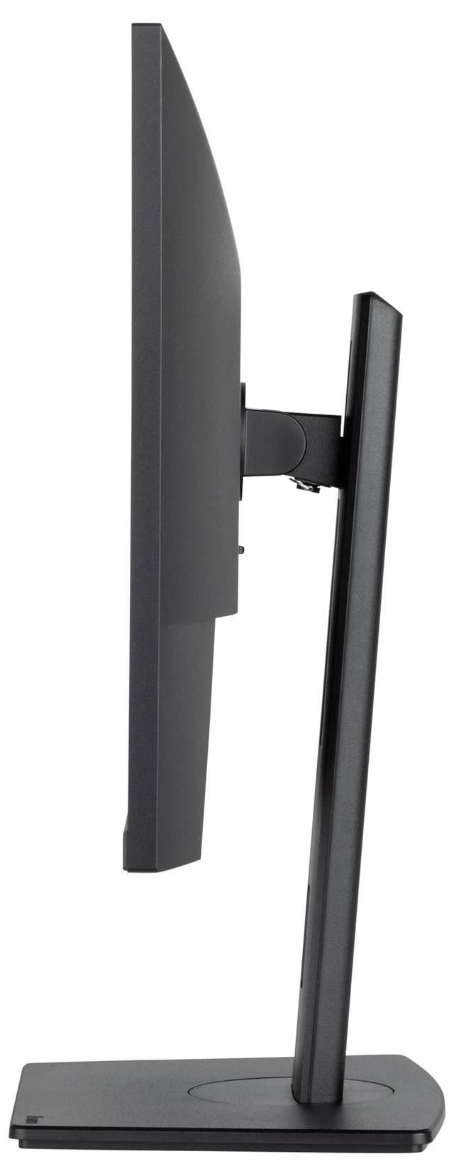 Vue latérale d'un écran d'ordinateur fin avec un socle rectangulaire.