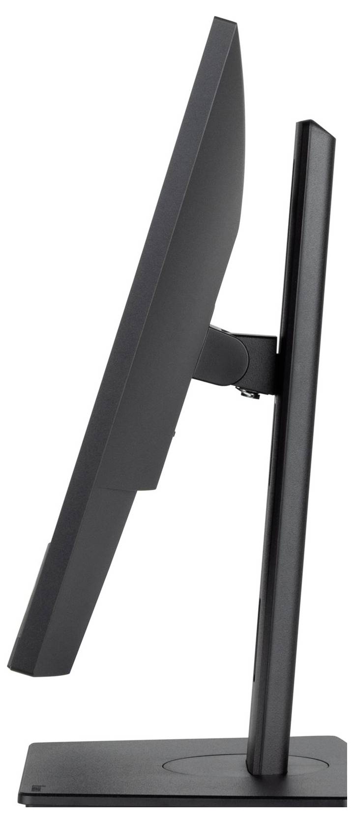 Un moniteur d'ordinateur noir vu de profil, montrant sa forme rectangulaire élancée et sa construction de base stable.