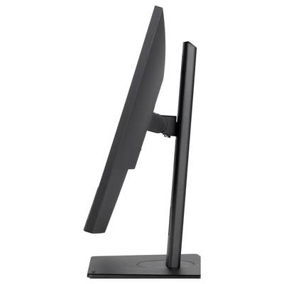 Un moniteur d'ordinateur noir vu de profil, montrant sa forme rectangulaire élancée et sa construction de base stable.