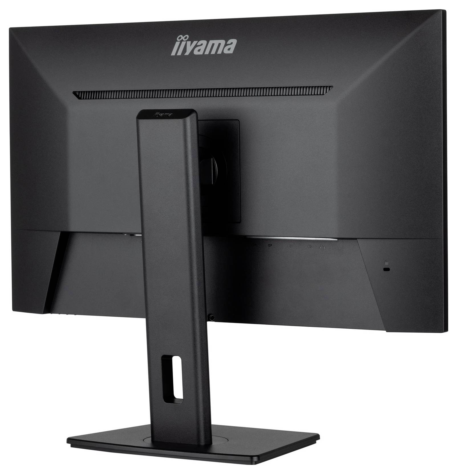 Un écran d'ordinateur noir vu de dos, sans contenu visible à l'écran, avec un support robuste.