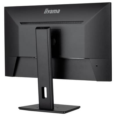 Un écran d'ordinateur noir vu de dos, sans contenu visible à l'écran, avec un support robuste.