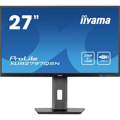 Moniteur iiyama ProLite XUB2797QSN, 27 pouces, résolution de 2560 x 1440, port USB-C. Design noir, arrière-plan d'écran bleu.