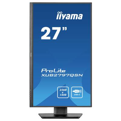Un moniteur iiyama de 27 pouces. Le modèle 'ProLite XUB2797QSN' est indiqué. Les symboles de résolution et de port USB-C sont visibles.