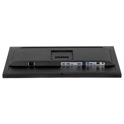 Vue arrière d'un moniteur avec plusieurs ports, dont HDMI, DisplayPort, USB et Ethernet. En haut, un support de montage mural.