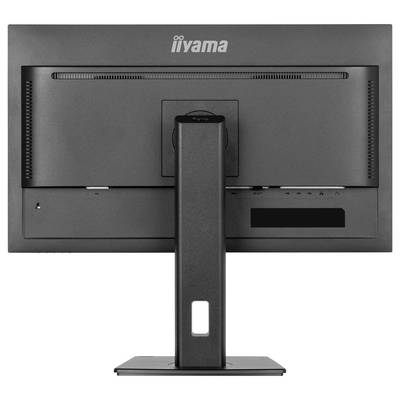 Vue arrière d'un écran d'ordinateur sur son socle, avec le logo de marque 'iiyama' en haut. Les ports de connexion et les fentes de ventilation sont visibles.