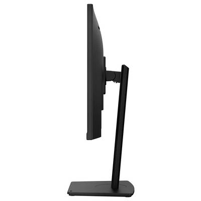 Un moniteur d'ordinateur noir, vu de côté, monté sur un socle, révèle sa structure élancée et sa capacité d'ajustement.