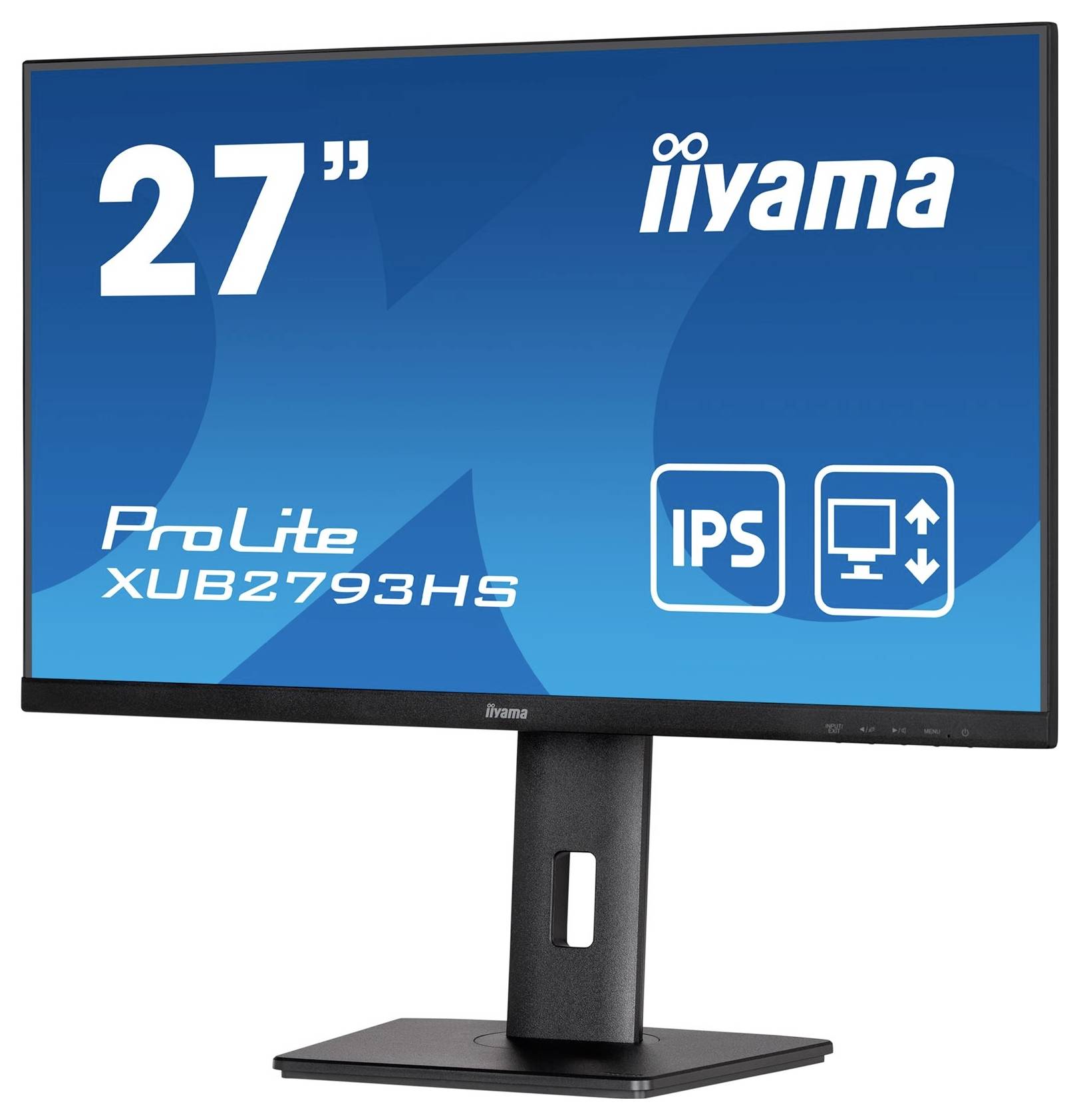 Un moniteur iiyama de 27 pouces avec écran IPS sur un support réglable.