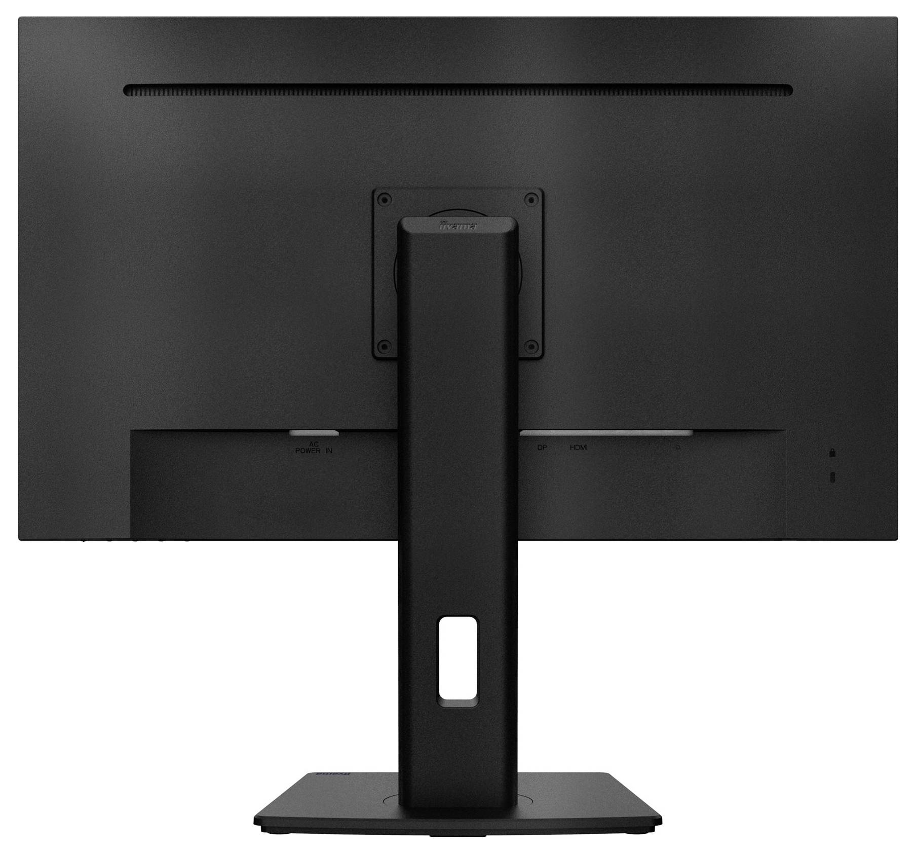 Vue arrière d'un moniteur d'ordinateur noir avec son socle. Aucune marque ou logo visible.