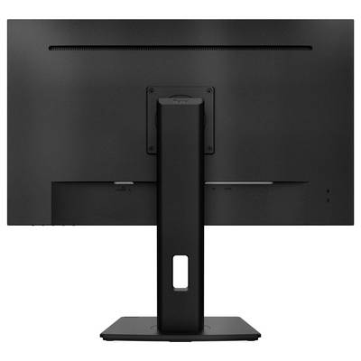 Vue arrière d'un moniteur d'ordinateur noir avec son socle. Aucune marque ou logo visible.