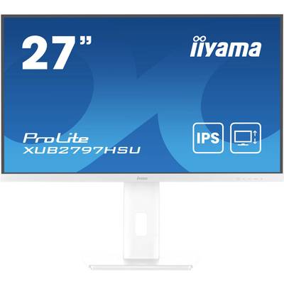 Moniteur iiyama de 27 pouces, modèle ProLite XUB2797HSU. Caractéristiques : Panneau IPS, Pied ergonomique, Graphisme de fond bleu.
