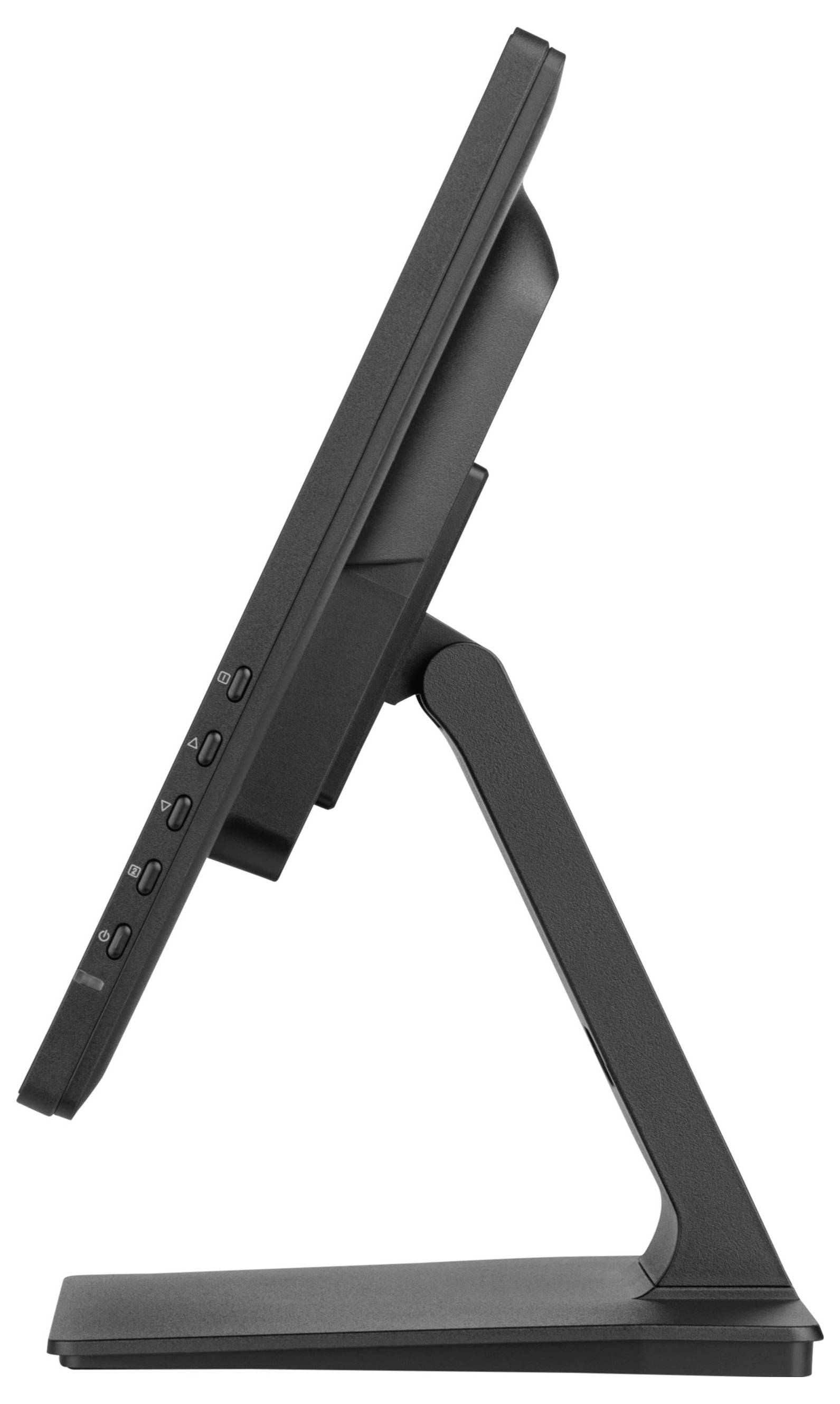 Vue latérale d'un moniteur d'ordinateur noir sur un support étroit. L'écran est fin et incliné légèrement vers l'arrière.