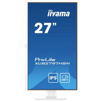 Un moniteur d'ordinateur vertical de la marque iiyama. Sur l'écran, il est indiqué '27 pouces', 'ProLite XUB2797HSN', 'IPS', 'USB-C'.