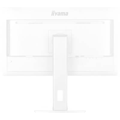 Dos d'un moniteur d'ordinateur blanc et moderne avec un socle carré et un logo de marque en haut au centre.