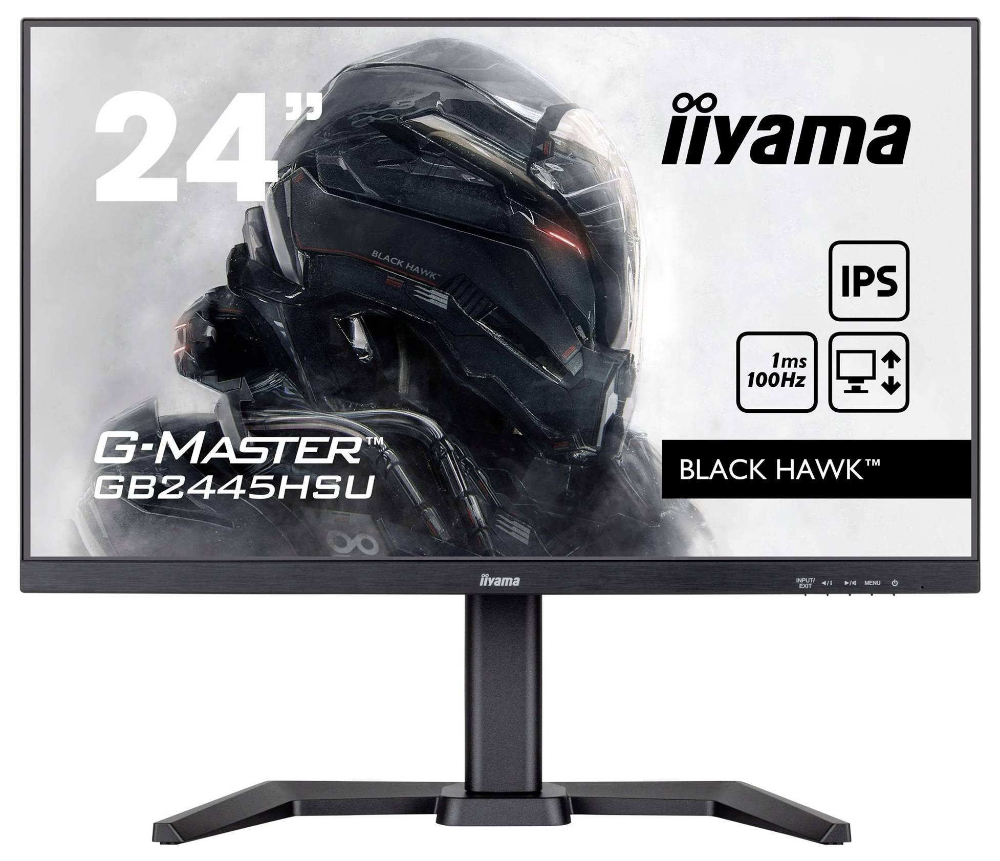 Un moniteur affiche un casque de science-fiction, à côté du texte : '24"', 'IPS', '1ms 100Hz', 'G-MASTER', 'GB2445HSU', 'BLACK HAWK'.