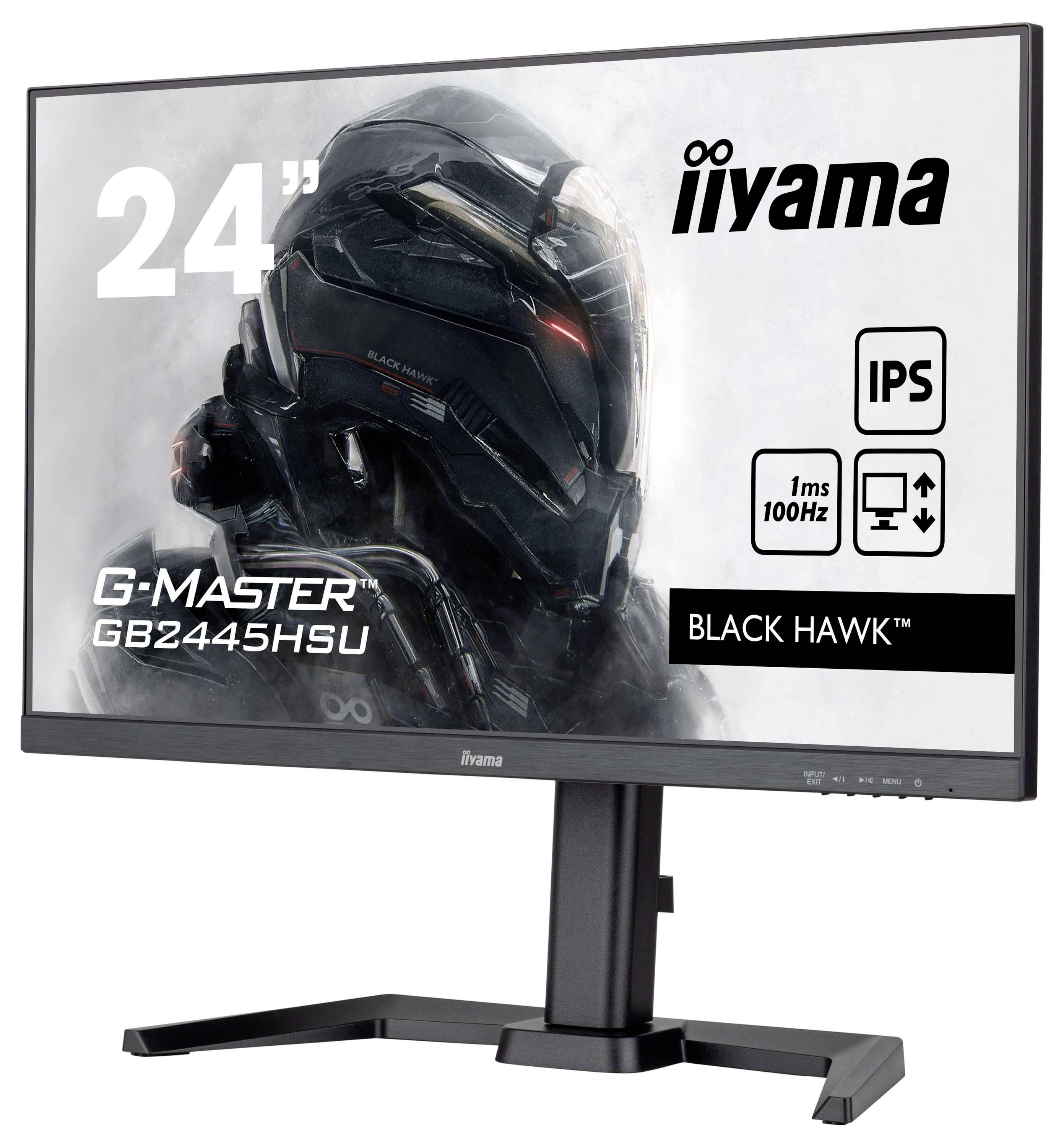 Un moniteur iiyama G-Master GB2445HSU 'Black Hawk' avec technologie IPS, 24 pouces, temps de réponse de 1 ms et taux de rafraîchissement de 100 Hz.