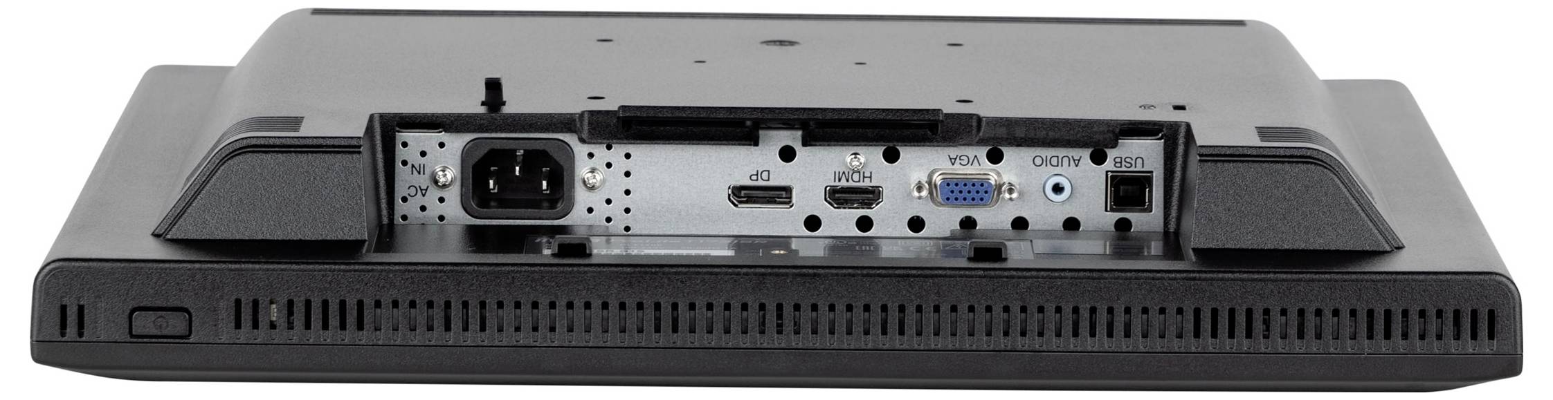 Arrière d'un moniteur avec une prise d'alimentation, des ports HDMI, DisplayPort, VGA et des connexions audio.
