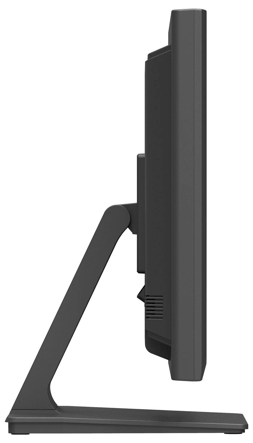 Un écran d'ordinateur noir vu de profil, montrant son support élancé et ergonomique.
