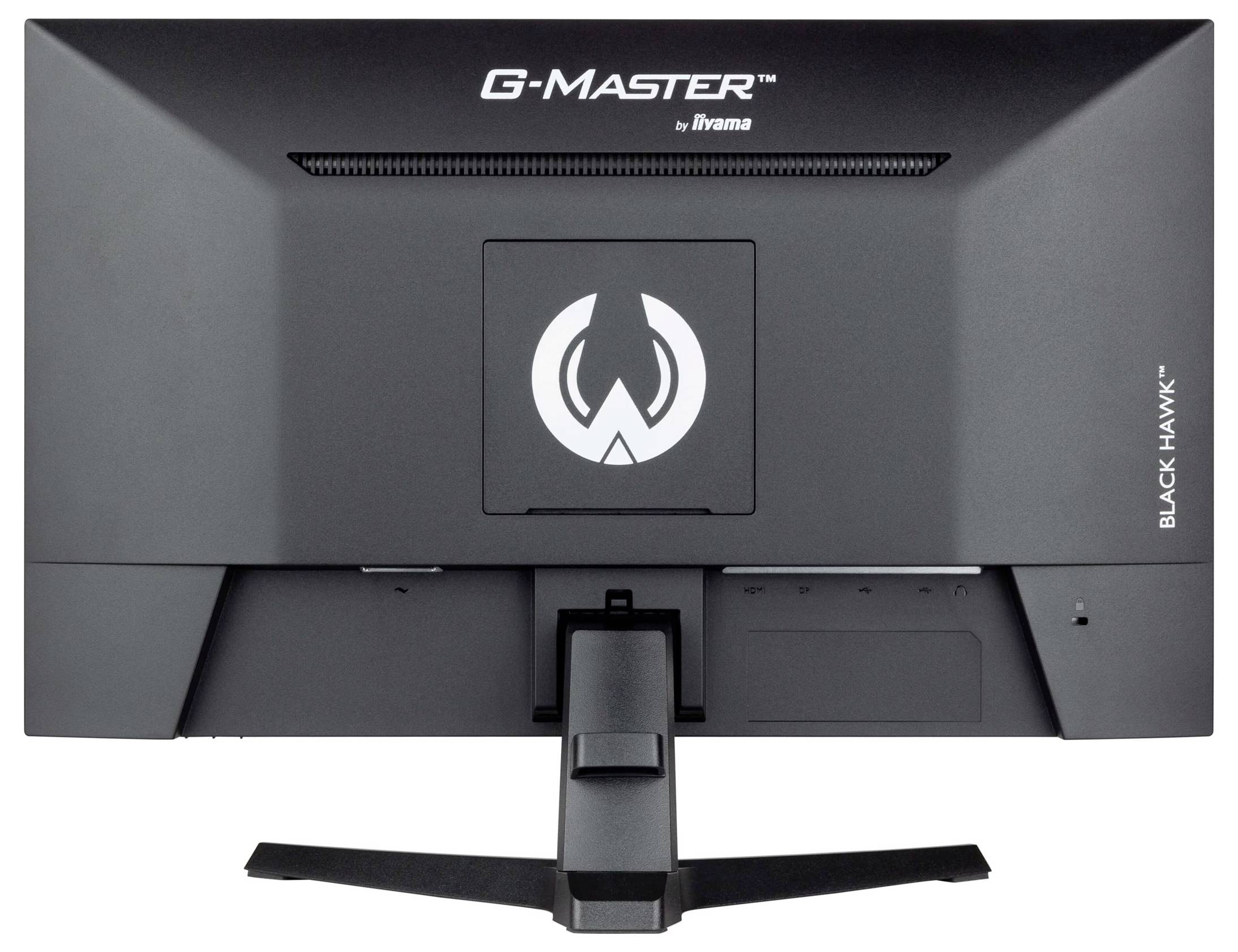 Un moniteur noir de la marque 'G-Master' d'iiyama, modèle 'Black Hawk', vue de dos avec son socle, logo au centre.