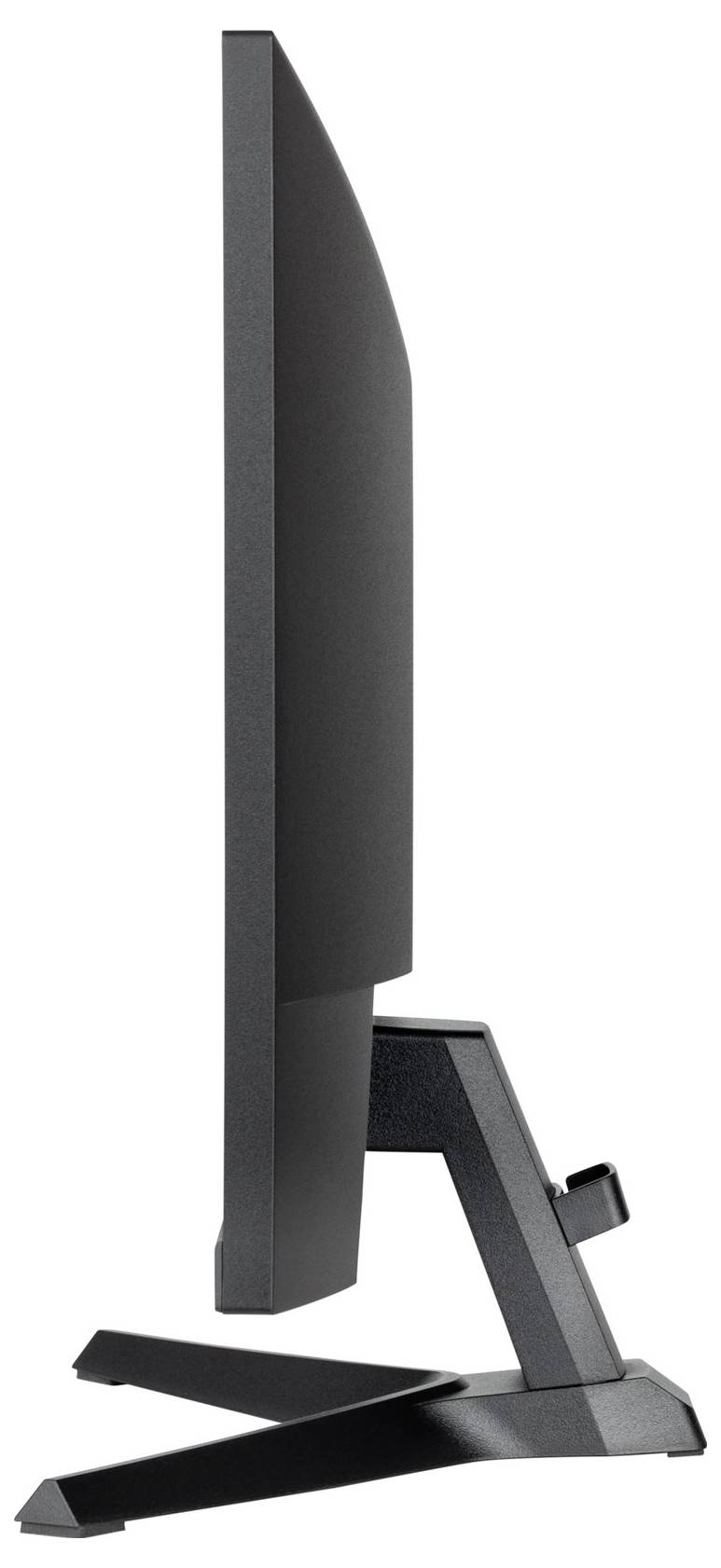 Vue de côté d'un écran d'ordinateur moderne reposant sur un socle stable et incliné.