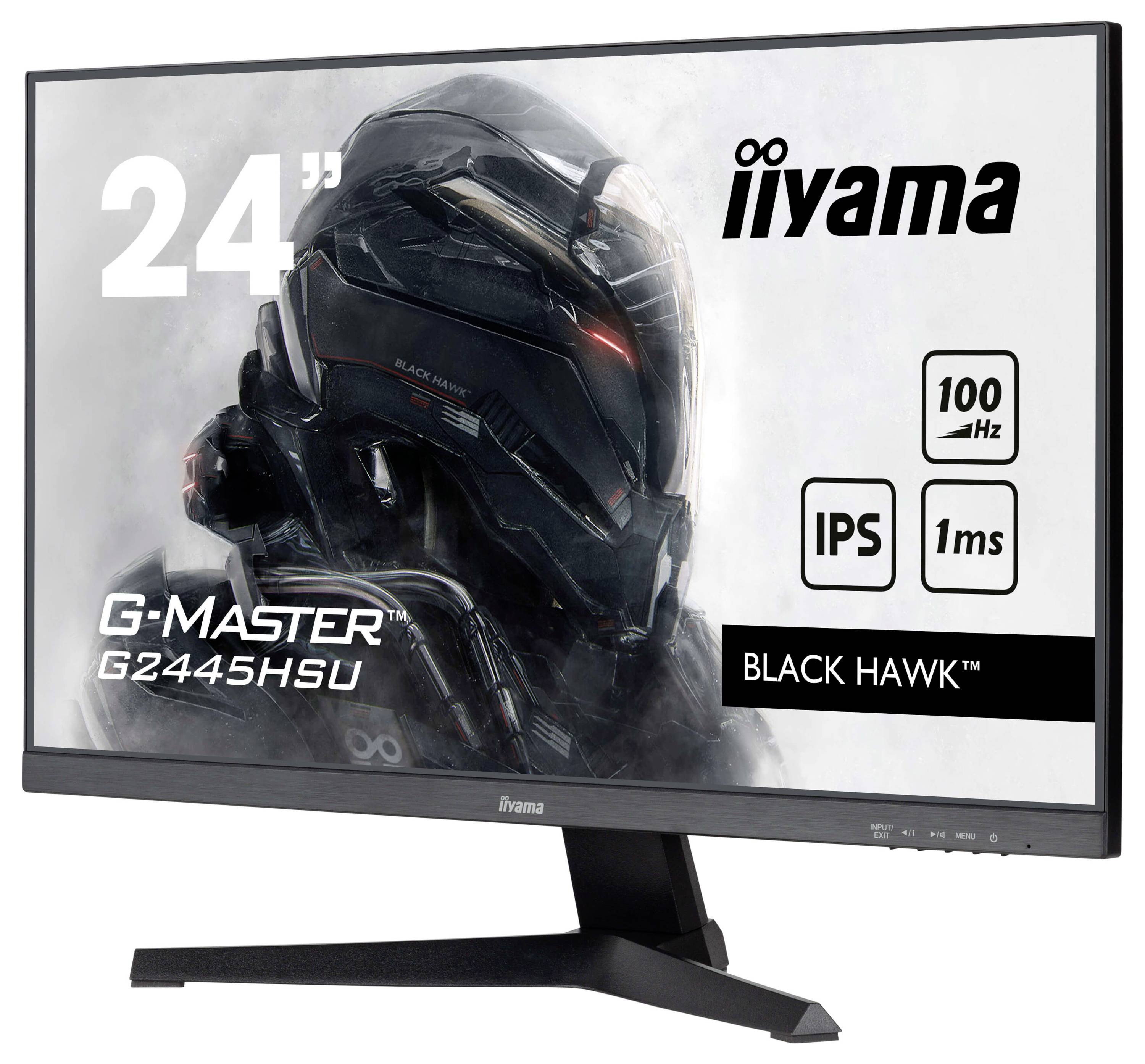 Moniteur iiyama G-Master G2445HSU Black Hawk, 24 pouces, 100 Hz, IPS, temps de réponse de 1 ms. Image d'un casque futuriste sur l'écran.